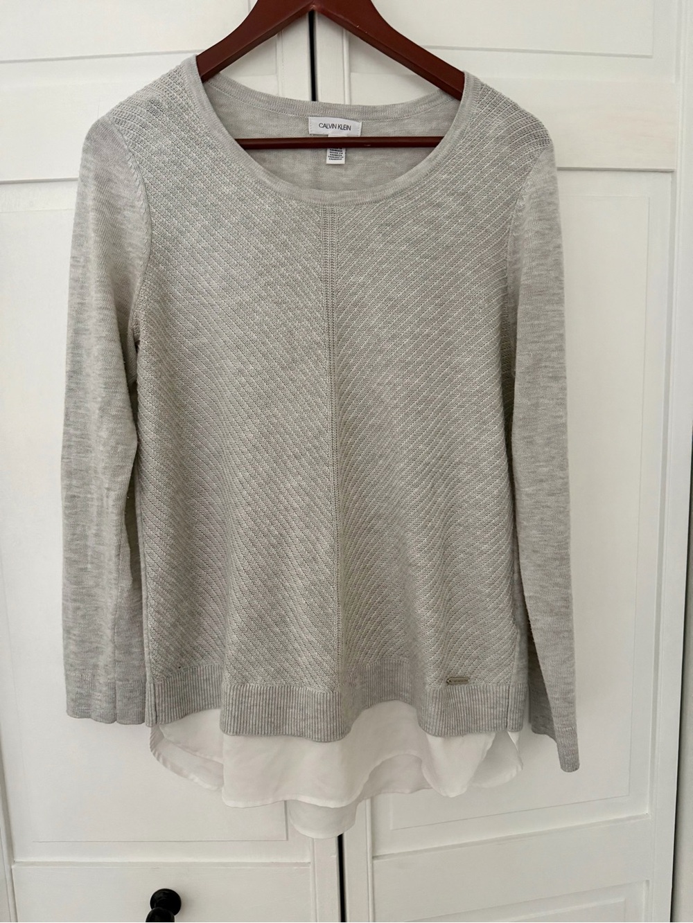 Calvin Klein Gray Layered Knit Sweater with Chiffon Hem